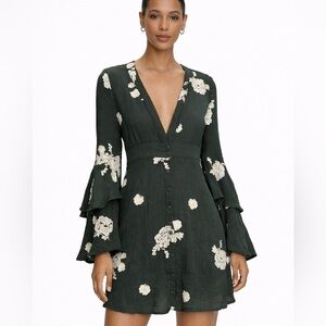 Anthropologie Sadie & Sage Dark Green Embroidered Bell Sleeve Mini Dress Small